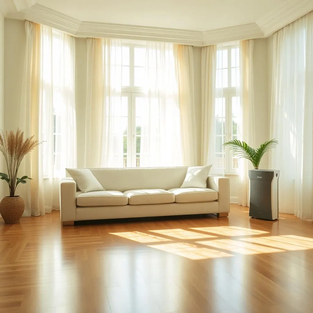 Bright, freshly aired living room with sunlit hardwood floors
