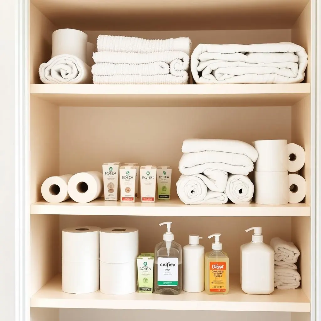 Neatly organized shelves of folded white linens and guest amenities